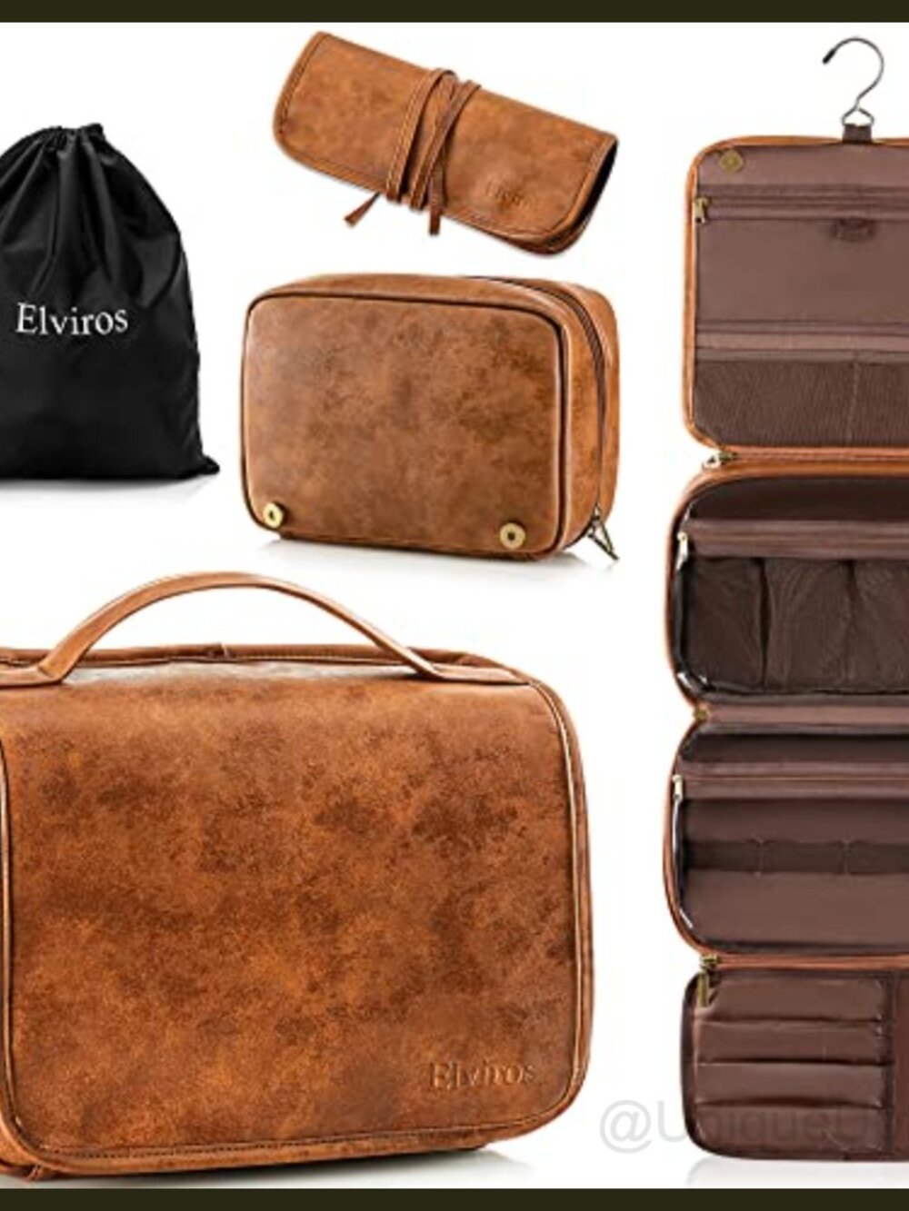 Elviros Hanging Toiletry Bag PU Leather Shaving Dopp Kit Travel